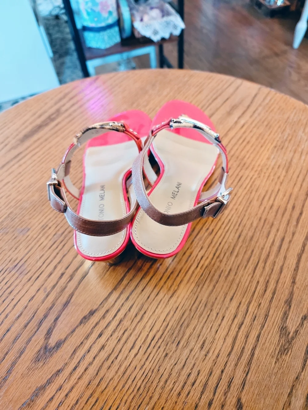 Antonio Melani Leopard Calf Hair Red Patent Sandals 6.5 Gold 1.5